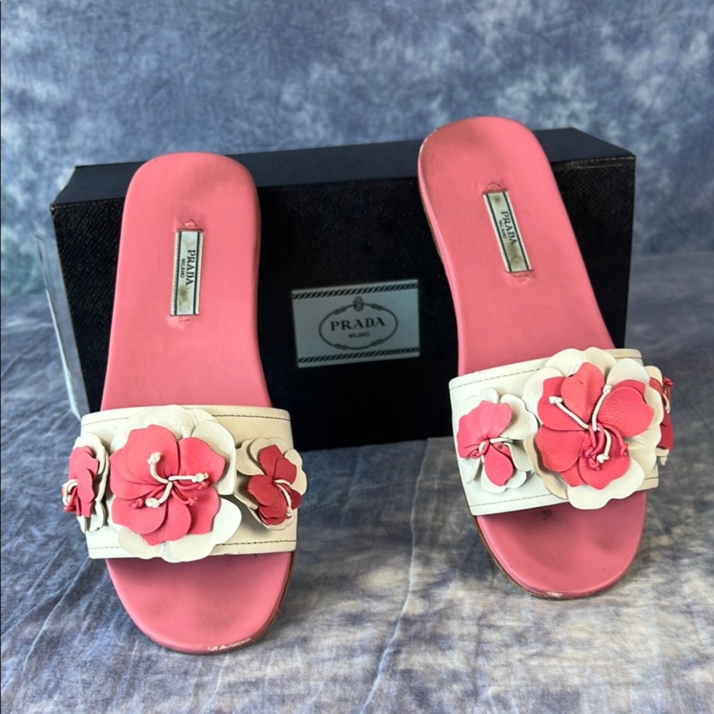 Prada Pink and White Floral Sandals Sz 38.5